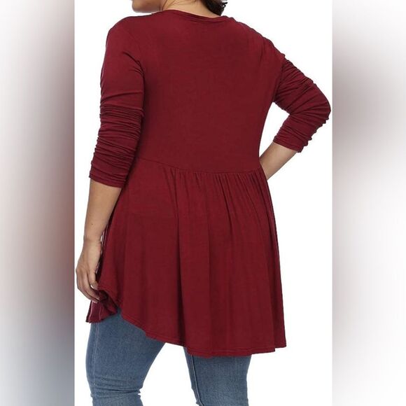 Women's Plus Size V Neck Button Tunic Tops Long Sleeve Flowy Shirt Wine Red 2X - Picture 3 of 10